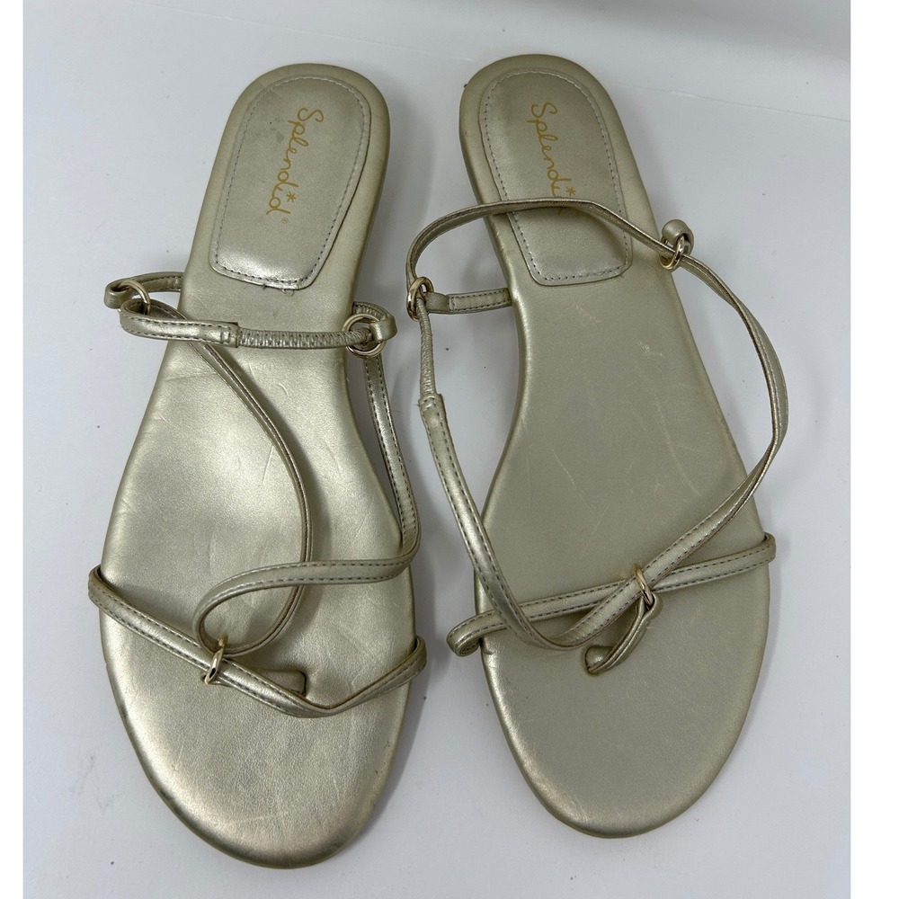 Splendid Sofia Gold Strappy Sandals Metallic Kitten Heel Toe Loop Womens 8M